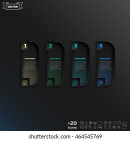 Vector infographic design with colorful square on the black background. Business concept. 4 options, parts, steps. Can be used for graph, diagram, chart, workflow layout, number options, web
