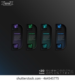 Vector infographic design with colorful square on the black background. Business concept. 4 options, parts, steps. Can be used for graph, diagram, chart, workflow layout, number options, web