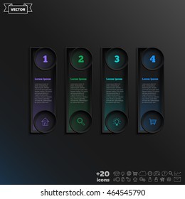 Vector infographic design with colorful square on the black background. Business concept. 4 options, parts, steps. Can be used for graph, diagram, chart, workflow layout, number options, web