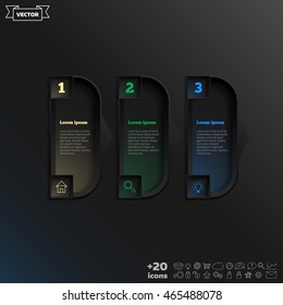 Vector infographic design with colorful square on the black background. Business concept. 3 options, parts, steps. Can be used for graph, diagram, chart, workflow layout, number options, web