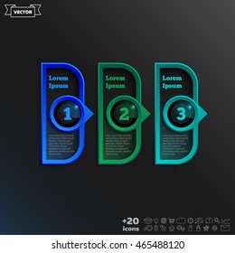 Vector infographic design with colorful square on the black background. Business concept. 3 options, parts, steps. Can be used for graph, diagram, chart, workflow layout, number options, web