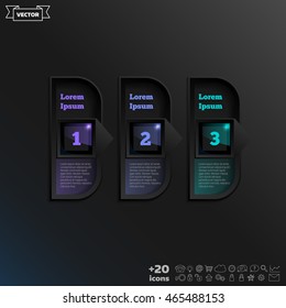 Vector infographic design with colorful square on the black background. Business concept. 3 options, parts, steps. Can be used for graph, diagram, chart, workflow layout, number options, web
