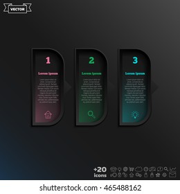 Vector infographic design with colorful square on the black background. Business concept. 3 options, parts, steps. Can be used for graph, diagram, chart, workflow layout, number options, web