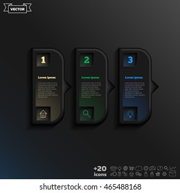 Vector infographic design with colorful square on the black background. Business concept. 3 options, parts, steps. Can be used for graph, diagram, chart, workflow layout, number options, web