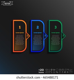 Vector infographic design with colorful square on the black background. Business concept. 3 options, parts, steps. Can be used for graph, diagram, chart, workflow layout, number options, web