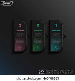 Vector infographic design with colorful square on the black background. Business concept. 3 options, parts, steps. Can be used for graph, diagram, chart, workflow layout, number options, web