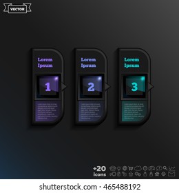 Vector infographic design with colorful square on the black background. Business concept. 3 options, parts, steps. Can be used for graph, diagram, chart, workflow layout, number options, web