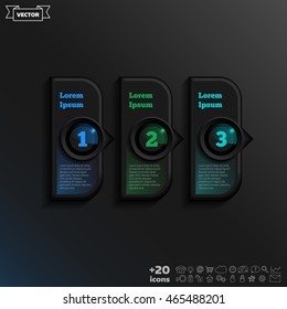 Vector infographic design with colorful square on the black background. Business concept. 3 options, parts, steps. Can be used for graph, diagram, chart, workflow layout, number options, web