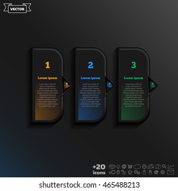 Vector infographic design with colorful square on the black background. Business concept. 3 options, parts, steps. Can be used for graph, diagram, chart, workflow layout, number options, web