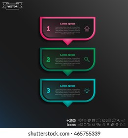 Vector infographic design with colorful square on the black background. Business concept. 3 options, parts, steps. Can be used for graph, diagram, chart, workflow layout, number options, web