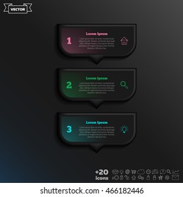 Vector infographic design with colorful square on the black background. Business concept. 3 options, parts, steps. Can be used for graph, diagram, chart, workflow layout, number options, web