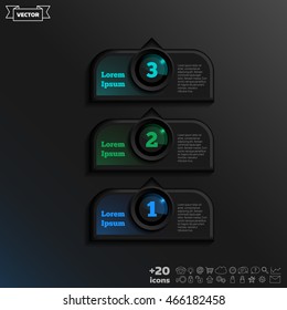 Vector infographic design with colorful square on the black background. Business concept. 3 options, parts, steps. Can be used for graph, diagram, chart, workflow layout, number options, web