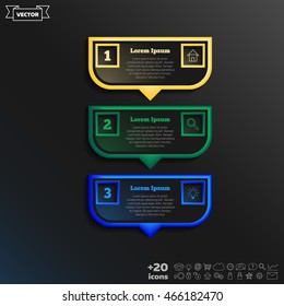 Vector infographic design with colorful square on the black background. Business concept. 3 options, parts, steps. Can be used for graph, diagram, chart, workflow layout, number options, web