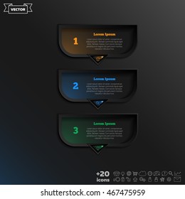 Vector infographic design with colorful square on the black background. Business concept. 3 options, parts, steps. Can be used for graph, diagram, chart, workflow layout, number options, web