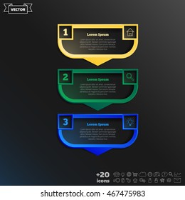 Vector infographic design with colorful square on the black background. Business concept. 3 options, parts, steps. Can be used for graph, diagram, chart, workflow layout, number options, web