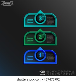 Vector infographic design with colorful square on the black background. Business concept. 3 options, parts, steps. Can be used for graph, diagram, chart, workflow layout, number options, web