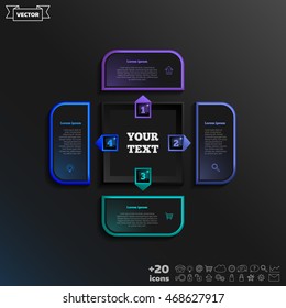 Vector infographic design with colorful square on the black background. Business concept. 4 options, parts, steps. Can be used for graph, diagram, chart, workflow layout, number options, web
