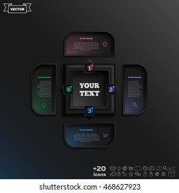 Vector infographic design with colorful square on the black background. Business concept. 4 options, parts, steps. Can be used for graph, diagram, chart, workflow layout, number options, web