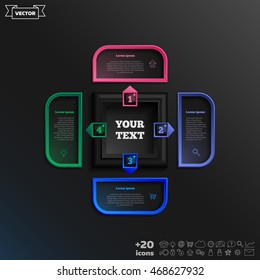 Vector infographic design with colorful square on the black background. Business concept. 4 options, parts, steps. Can be used for graph, diagram, chart, workflow layout, number options, web