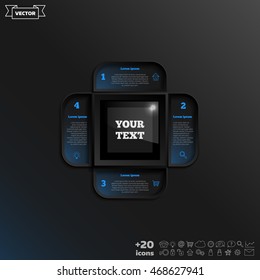 Vector infographic design with colorful square on the black background. Business concept. 4 options, parts, steps. Can be used for graph, diagram, chart, workflow layout, number options, web