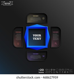Vector infographic design with colorful square on the black background. Business concept. 4 options, parts, steps. Can be used for graph, diagram, chart, workflow layout, number options, web