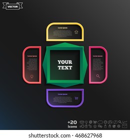 Vector infographic design with colorful square on the black background. Business concept. 4 options, parts, steps. Can be used for graph, diagram, chart, workflow layout, number options, web