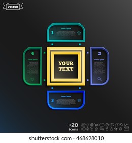 Vector infographic design with colorful square on the black background. Business concept. 4 options, parts, steps. Can be used for graph, diagram, chart, workflow layout, number options, web