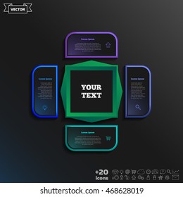 Vector infographic design with colorful square on the black background. Business concept. 4 options, parts, steps. Can be used for graph, diagram, chart, workflow layout, number options, web