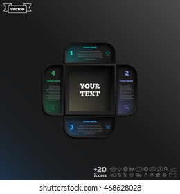 Vector infographic design with colorful square on the black background. Business concept. 4 options, parts, steps. Can be used for graph, diagram, chart, workflow layout, number options, web