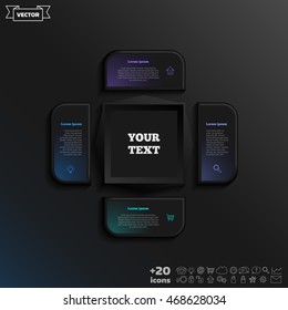 Vector infographic design with colorful square on the black background. Business concept. 4 options, parts, steps. Can be used for graph, diagram, chart, workflow layout, number options, web