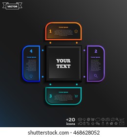 Vector infographic design with colorful square on the black background. Business concept. 4 options, parts, steps. Can be used for graph, diagram, chart, workflow layout, number options, web