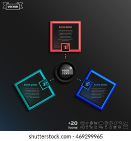 Vector infographic design with colorful square on the black background. Business concept. 3 options, parts, steps. Can be used for graph, diagram, chart, workflow layout, number options, web