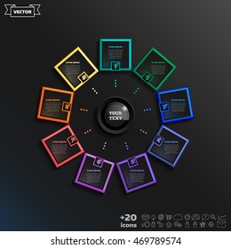 Vector infographic design with colorful square on the black background. Business concept. 9 options, parts, steps. Can be used for graph, diagram, chart, workflow layout, number options, web