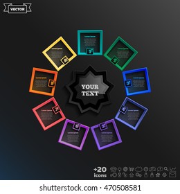 Vector infographic design with colorful square on the black background. Business concept. 9 options, parts, steps. Can be used for graph, diagram, chart, workflow layout, number options, web
