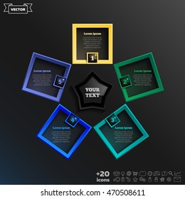 Vector infographic design with colorful square on the black background. Business concept. 5 options, parts, steps. Can be used for graph, diagram, chart, workflow layout, number options, web