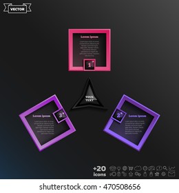 Vector infographic design with colorful square on the black background. Business concept. 3 options, parts, steps. Can be used for graph, diagram, chart, workflow layout, number options, web