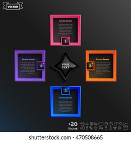 Vector infographic design with colorful square on the black background. Business concept. 4 options, parts, steps. Can be used for graph, diagram, chart, workflow layout, number options, web