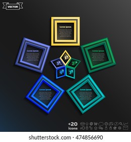 Vector infographic design with colorful square on the black background. Business concept. 5 options, parts, steps. Can be used for graph, diagram, chart, workflow layout, number options, web