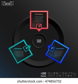 Vector infographic design with colorful square on the black background. Business concept. 3 options, parts, steps. Can be used for graph, diagram, chart, workflow layout, number options, web