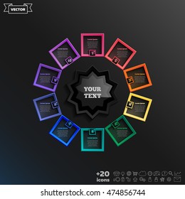 Vector infographic design with colorful square on the black background. Business concept. 10 options, parts, steps. Can be used for graph, diagram, chart, workflow layout, number options, web