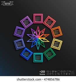 Vector infographic design with colorful square on the black background. Business concept. 10 options, parts, steps. Can be used for graph, diagram, chart, workflow layout, number options, web