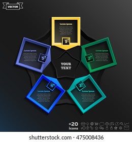 Vector infographic design with colorful square on the black background. Business concept. 5 options, parts, steps. Can be used for graph, diagram, chart, workflow layout, number options, web