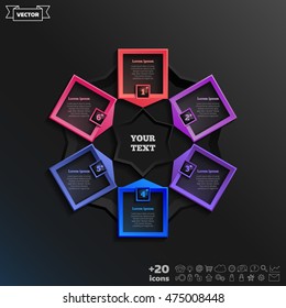 Vector infographic design with colorful square on the black background. Business concept. 6 options, parts, steps. Can be used for graph, diagram, chart, workflow layout, number options, web