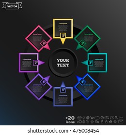 Vector infographic design with colorful square on the black background. Business concept. 8 options, parts, steps. Can be used for graph, diagram, chart, workflow layout, number options, web