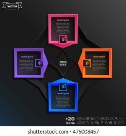Vector infographic design with colorful square on the black background. Business concept. 4 options, parts, steps. Can be used for graph, diagram, chart, workflow layout, number options, web