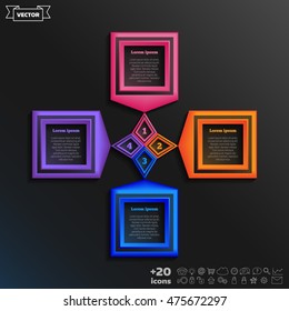 Vector infographic design with colorful square on the black background. Business concept. 4 options, parts, steps. Can be used for graph, diagram, chart, workflow layout, number options, web
