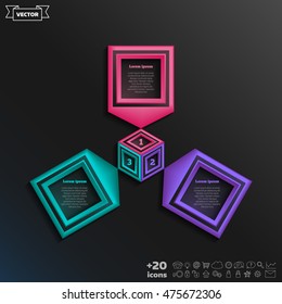 Vector infographic design with colorful square on the black background. Business concept. 3 options, parts, steps. Can be used for graph, diagram, chart, workflow layout, number options, web