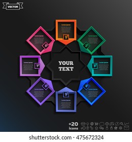 Vector infographic design with colorful square on the black background. Business concept. 8 options, parts, steps. Can be used for graph, diagram, chart, workflow layout, number options, web