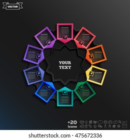 Vector infographic design with colorful square on the black background. Business concept. 10 options, parts, steps. Can be used for graph, diagram, chart, workflow layout, number options, web