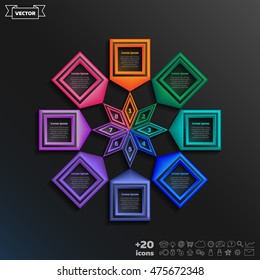 Vector infographic design with colorful square on the black background. Business concept. 8 options, parts, steps. Can be used for graph, diagram, chart, workflow layout, number options, web